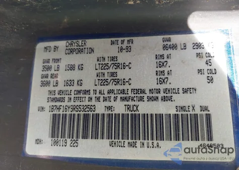 1994 Dodge Ram 1500 из США, поврежденный, VIN 1B7HF16Y9RS532563